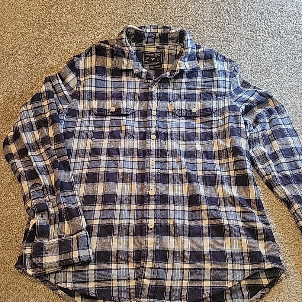 Mens American Eagle Flannel Shirt  MEDIUM Blue & White Soft Hiking Outdoor